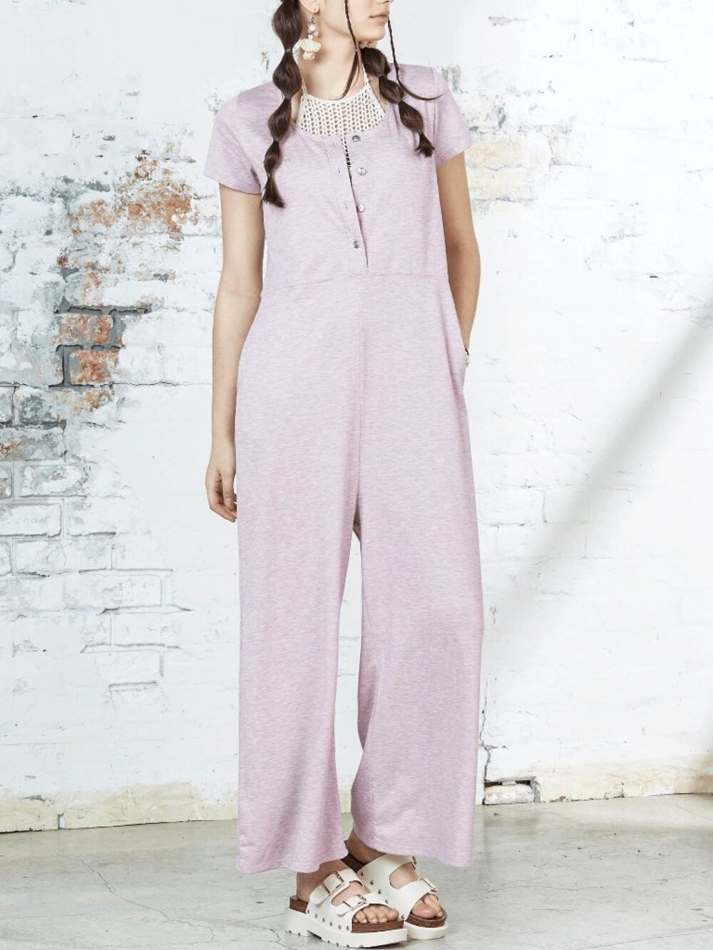 B69 French Terry Wide Leg Short Sleeve Pockets Jumpsuit Lilac NEW